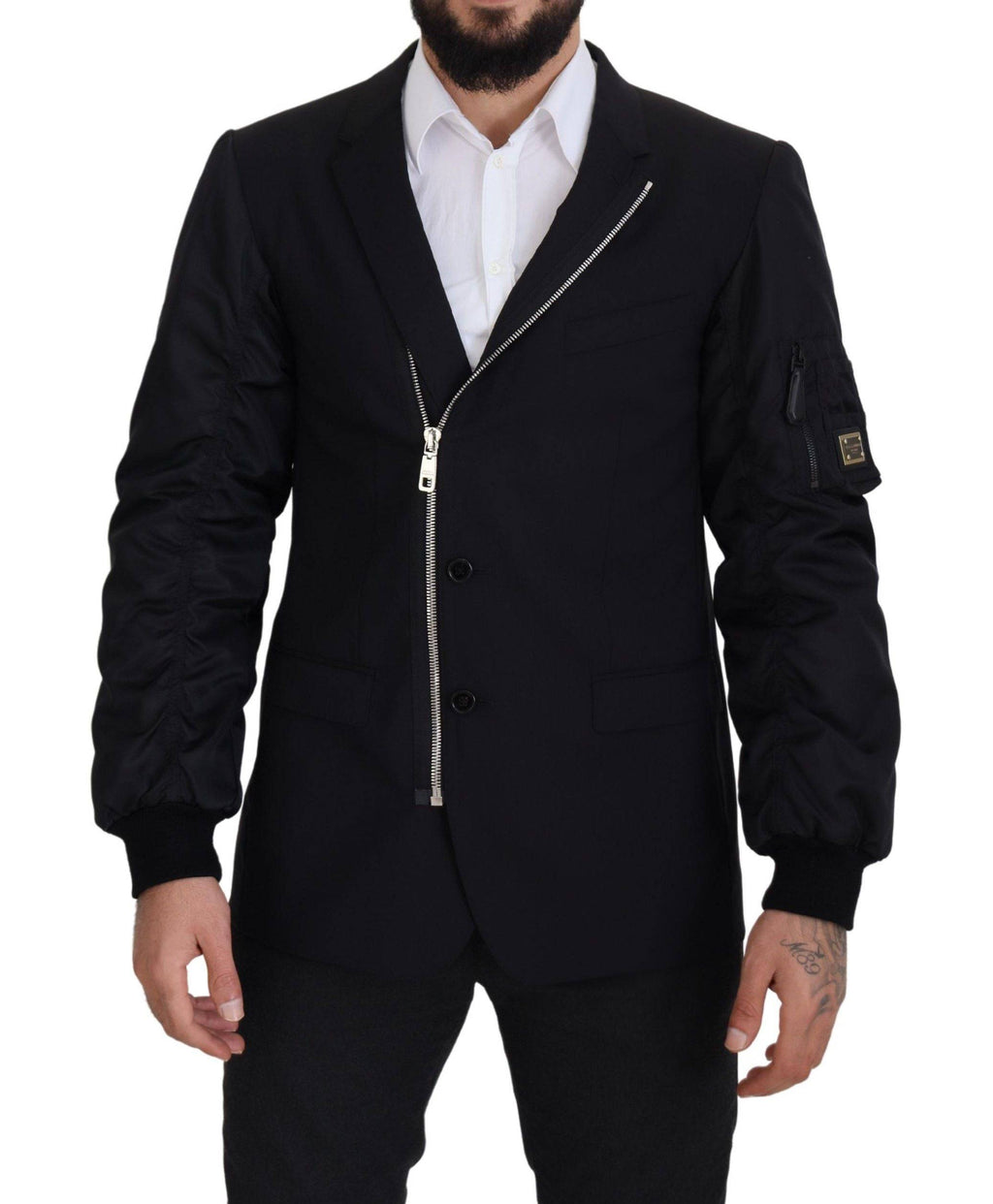 Veste noire en laine à fermeture éclair complète de Dolce & Gabbana, manches longues et style élégant.