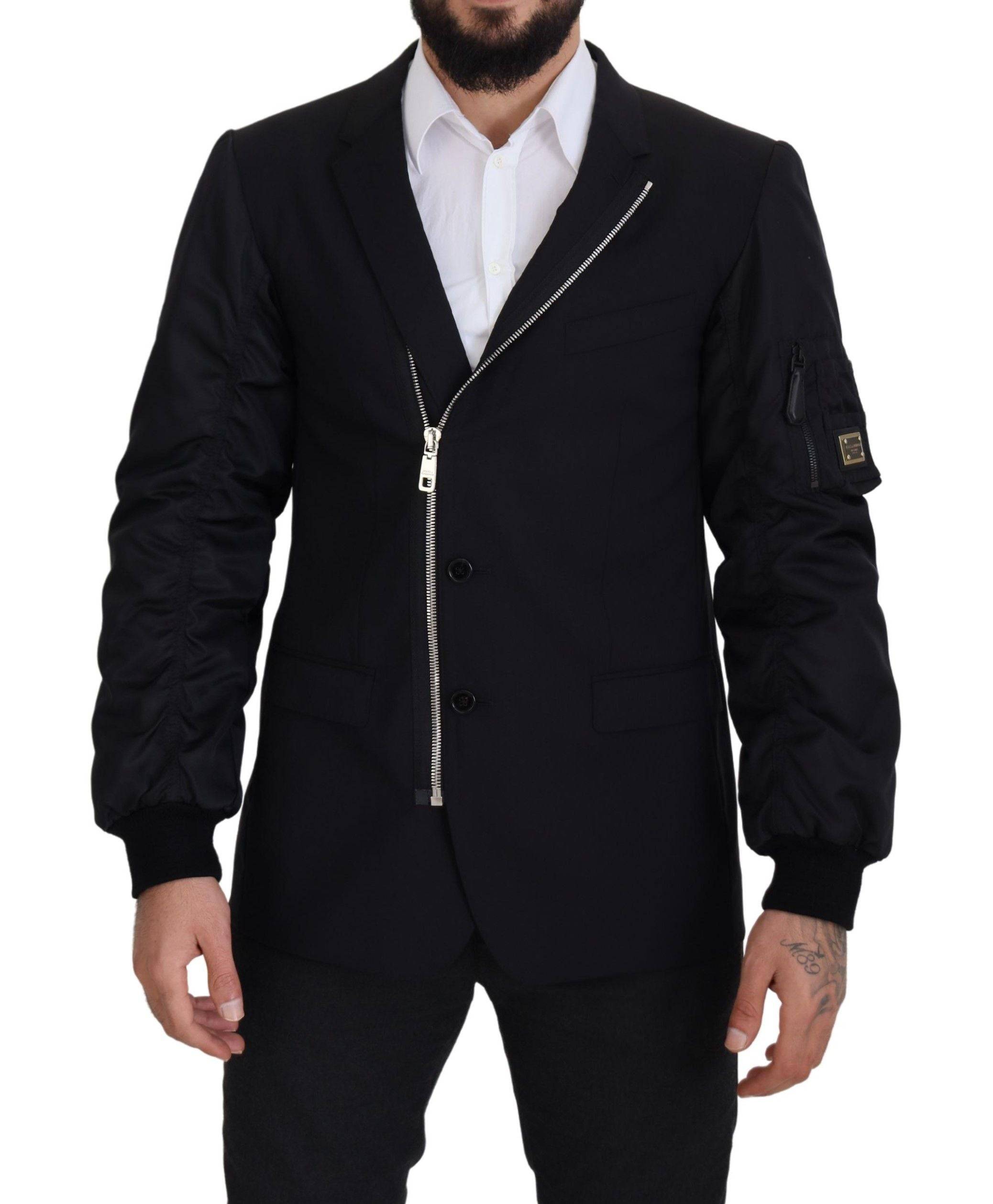 Veste noire en laine à fermeture éclair complète de Dolce & Gabbana, manches longues et style élégant.