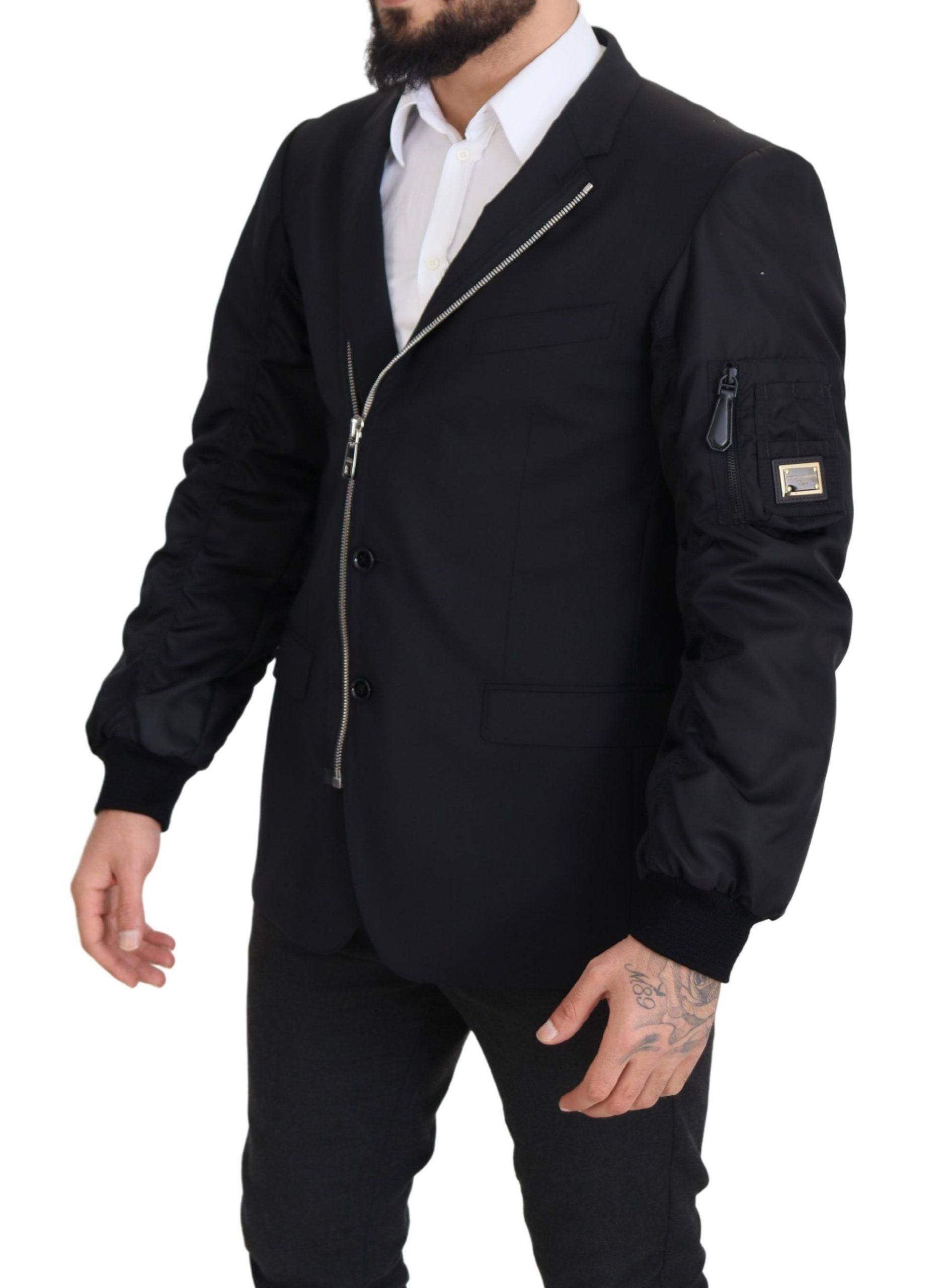 Veste en laine noire à fermeture éclair complète de Dolce & Gabbana, manches longues, style élégant et chaud.