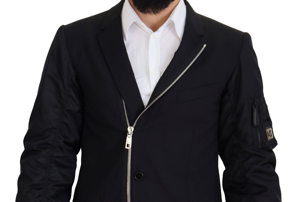 Veste longue en laine noire Dolce & Gabbana à manches longues et fermeture éclair complète, élégante et élégante.