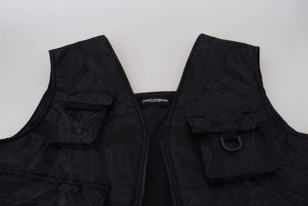 Veste sans manches en nylon noir Dolce & Gabbana à fermeture éclair complète, vue de face.