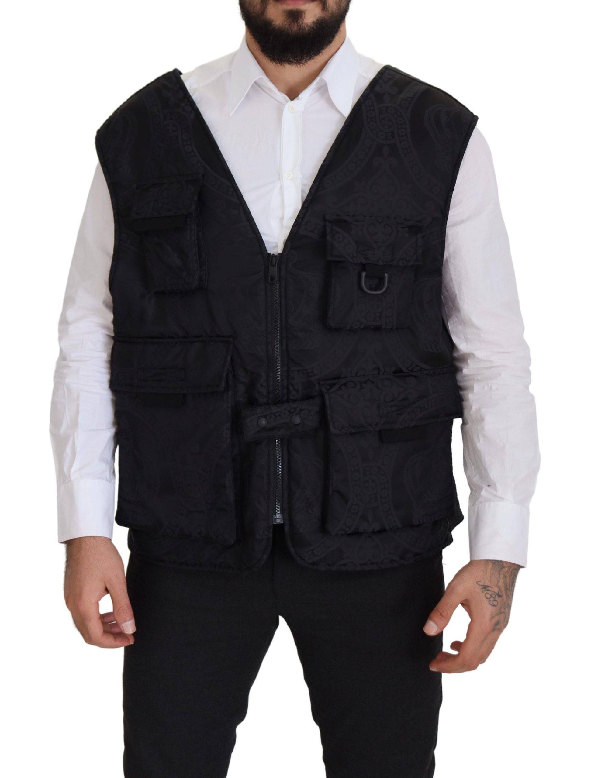 Veste sans manches en nylon noir Dolce & Gabbana à fermeture éclair complète, style élégant et moderne.