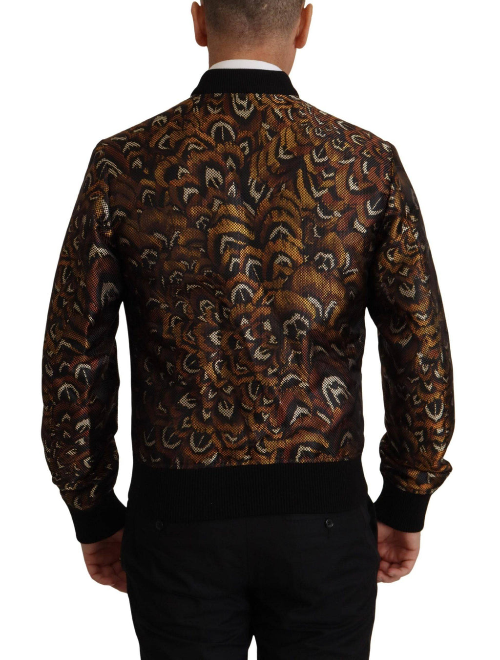 Veste blouson Dolce & Gabbana marron avec plumes, fermeture éclair complète, style élégant et décontracté.