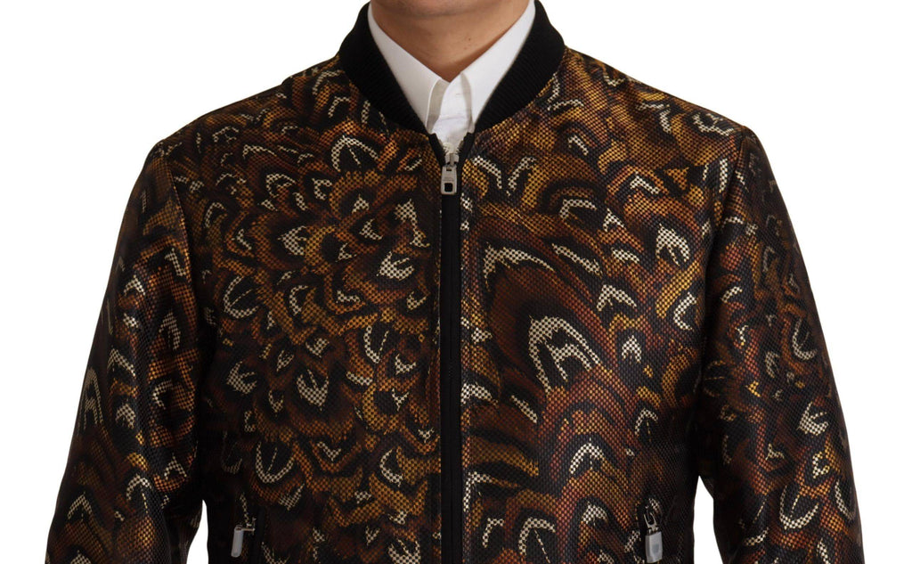 Veste blouson Dolce & Gabbana marron en plumes avec fermeture éclair complète, style élégant et décontracté.