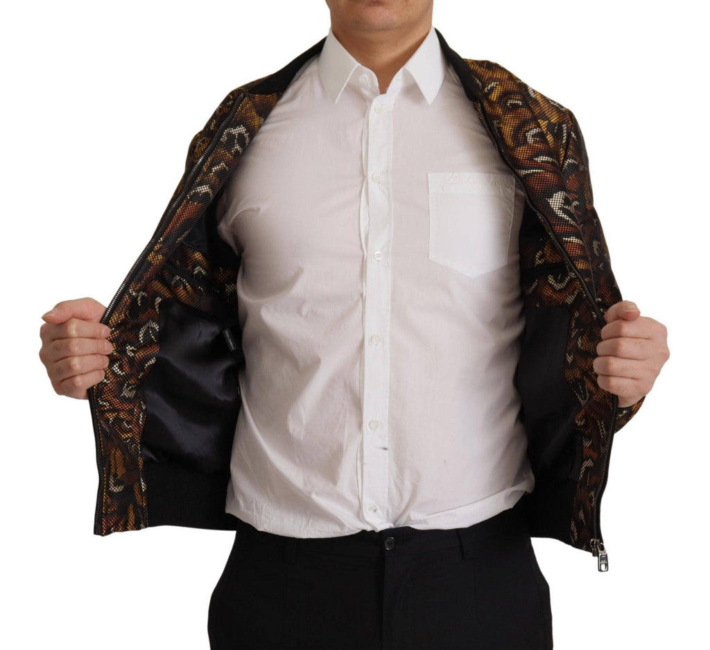 Veste blouson Dolce & Gabbana marron avec plumes, zip complet, style élégant et décontracté, en tissu léger.