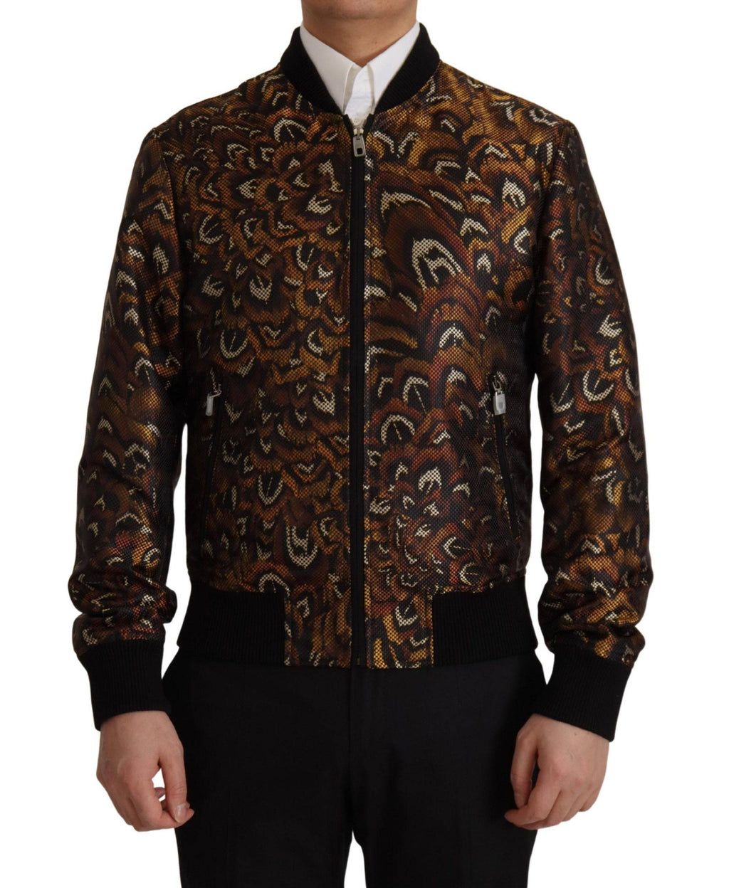 Veste blouson Dolce & Gabbana marron avec plumes, fermeture éclair intégrale, style décontracté et élégant.