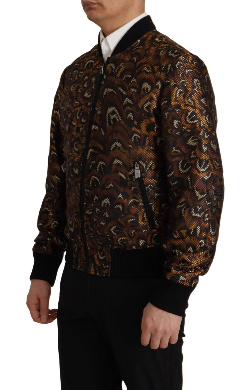 Veste blouson marron en plumes Dolce & Gabbana avec fermeture éclair complète, style élégant et tendance.