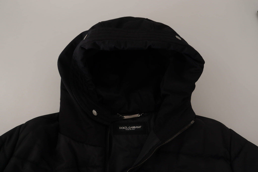 Veste d'hiver noire Dolce & Gabbana, parka en nylon avec capuche, style chaud et élégant pour la saison froide.