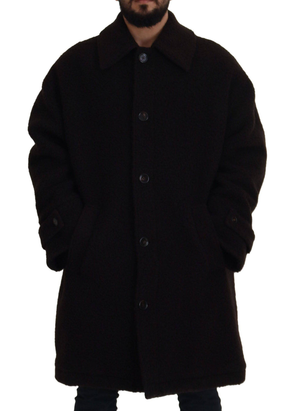 Manteau trench noir en alpaga Dolce & Gabbana avec boutons, porté en plein air, détails élégants et tissu chaud.