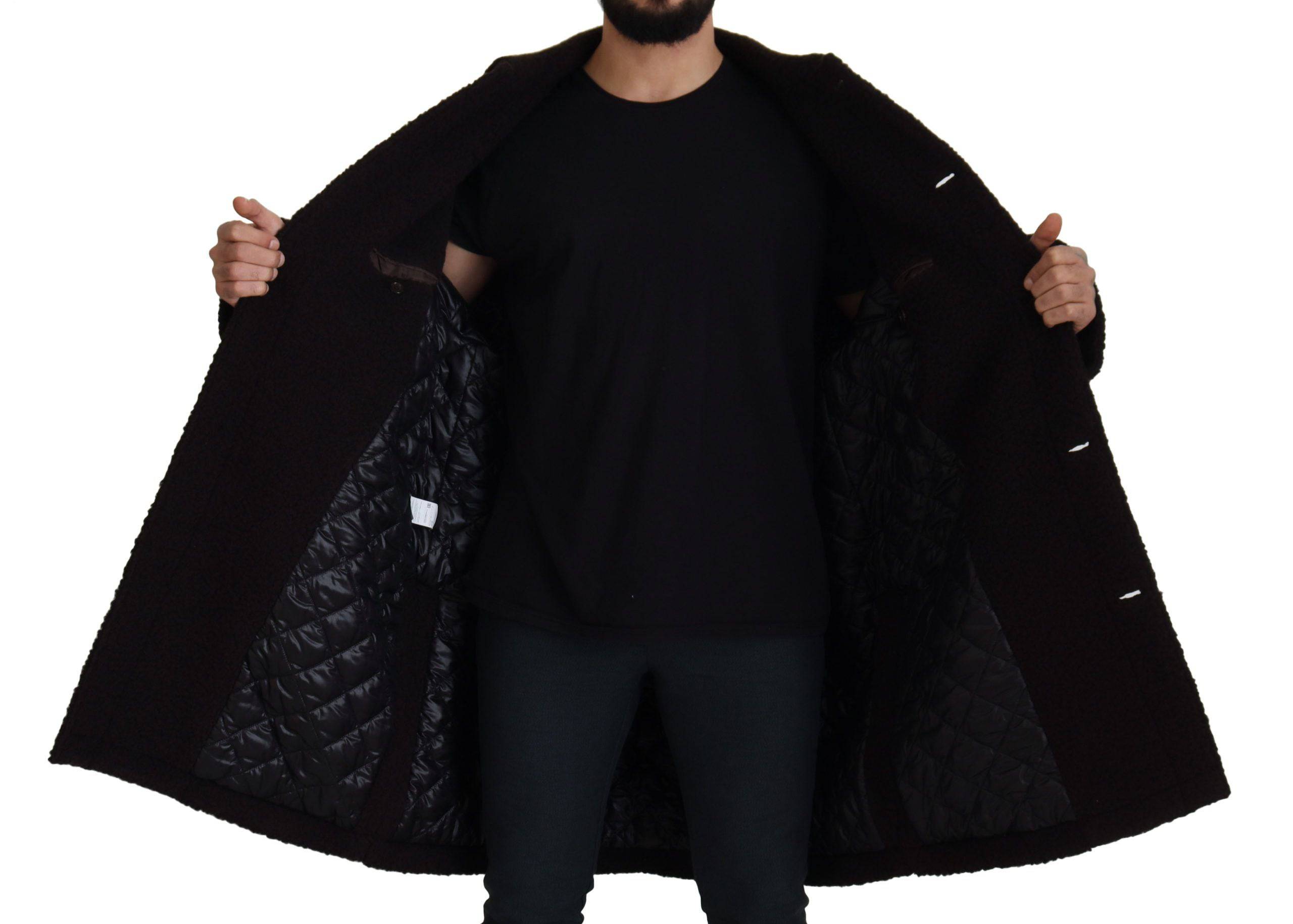 Manteau trench noir en alpaga Dolce & Gabbana avec boutons, long manteau élégant pour femme.
