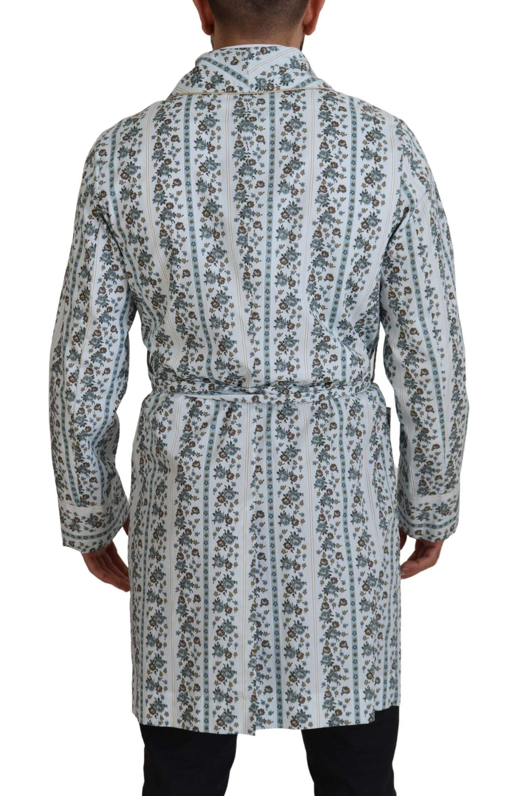 Robe-coat en coton bleu à fleurs Dolce & Gabbana, vêtement élégant avec motif floral et coupe décontractée.