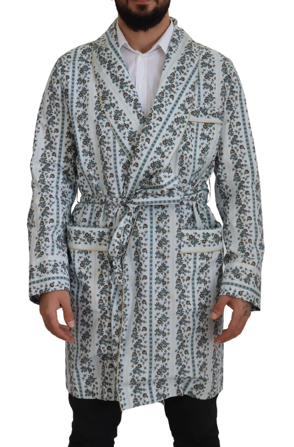 Robe-coat en coton à fleurs bleues de Dolce & Gabbana, veste élégante avec motif floral sophistiqué.