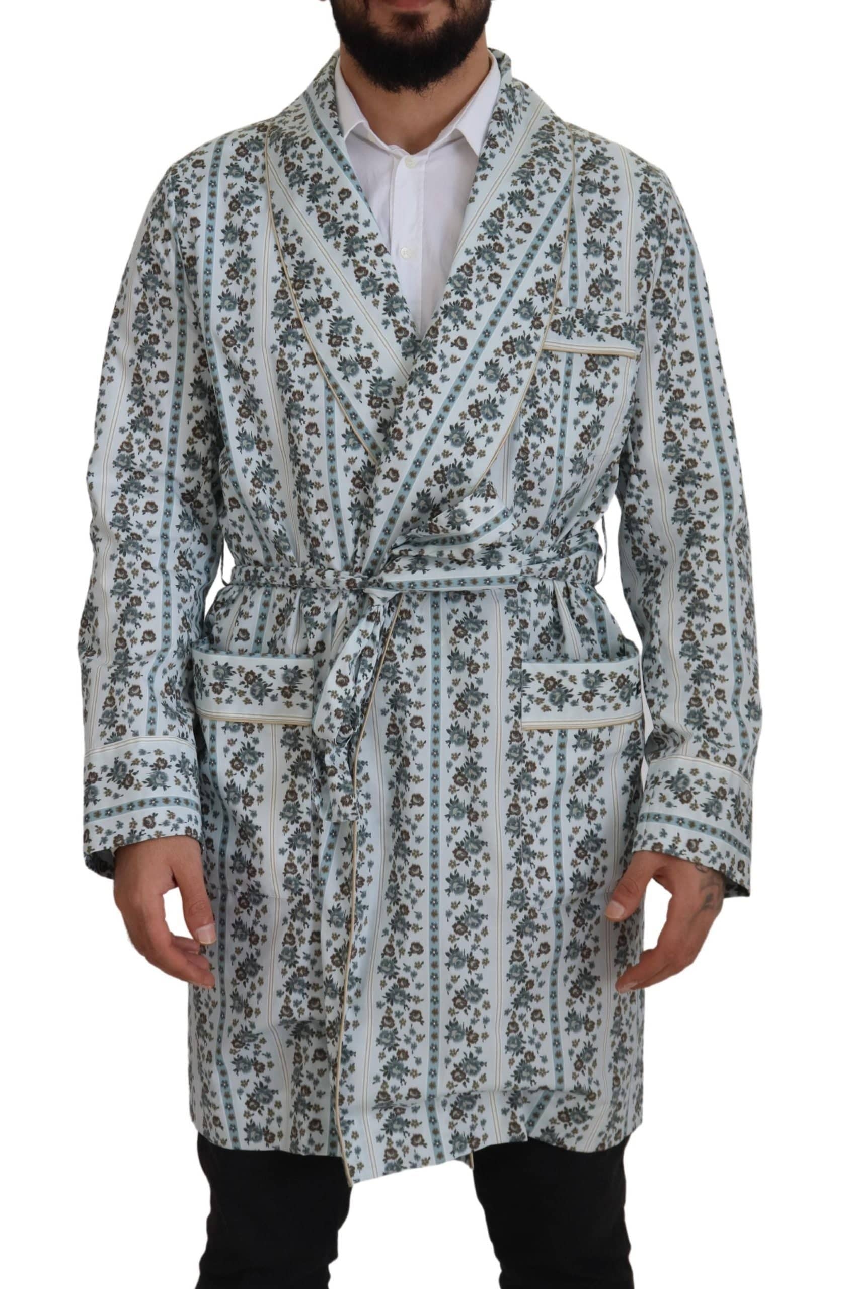 Robe-coat en coton à fleurs bleues de Dolce & Gabbana, veste élégante avec motif floral sophistiqué.