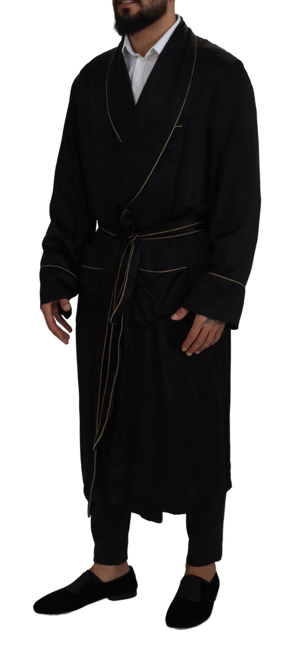 Robe longue en soie noire de Dolce & Gabbana, manteau wrap élégant avec ceinture et détails sophistiqués.