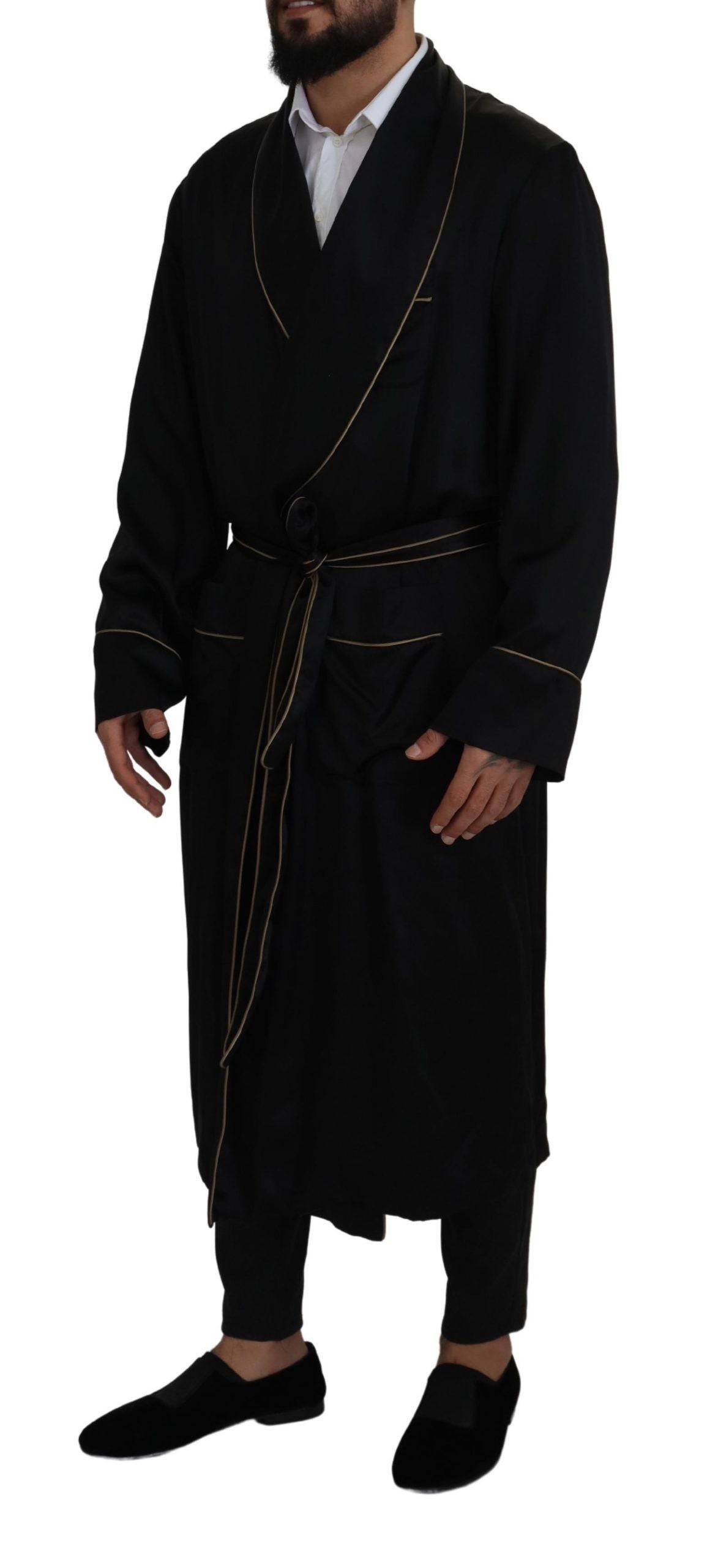 Robe longue en soie noire de Dolce & Gabbana, manteau wrap élégant avec ceinture et détails sophistiqués.