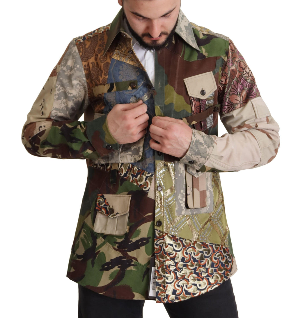 Chemise à boutons Dolce & Gabbana multicolore avec patchwork, détails colorés et style élégant visible sur l'image.