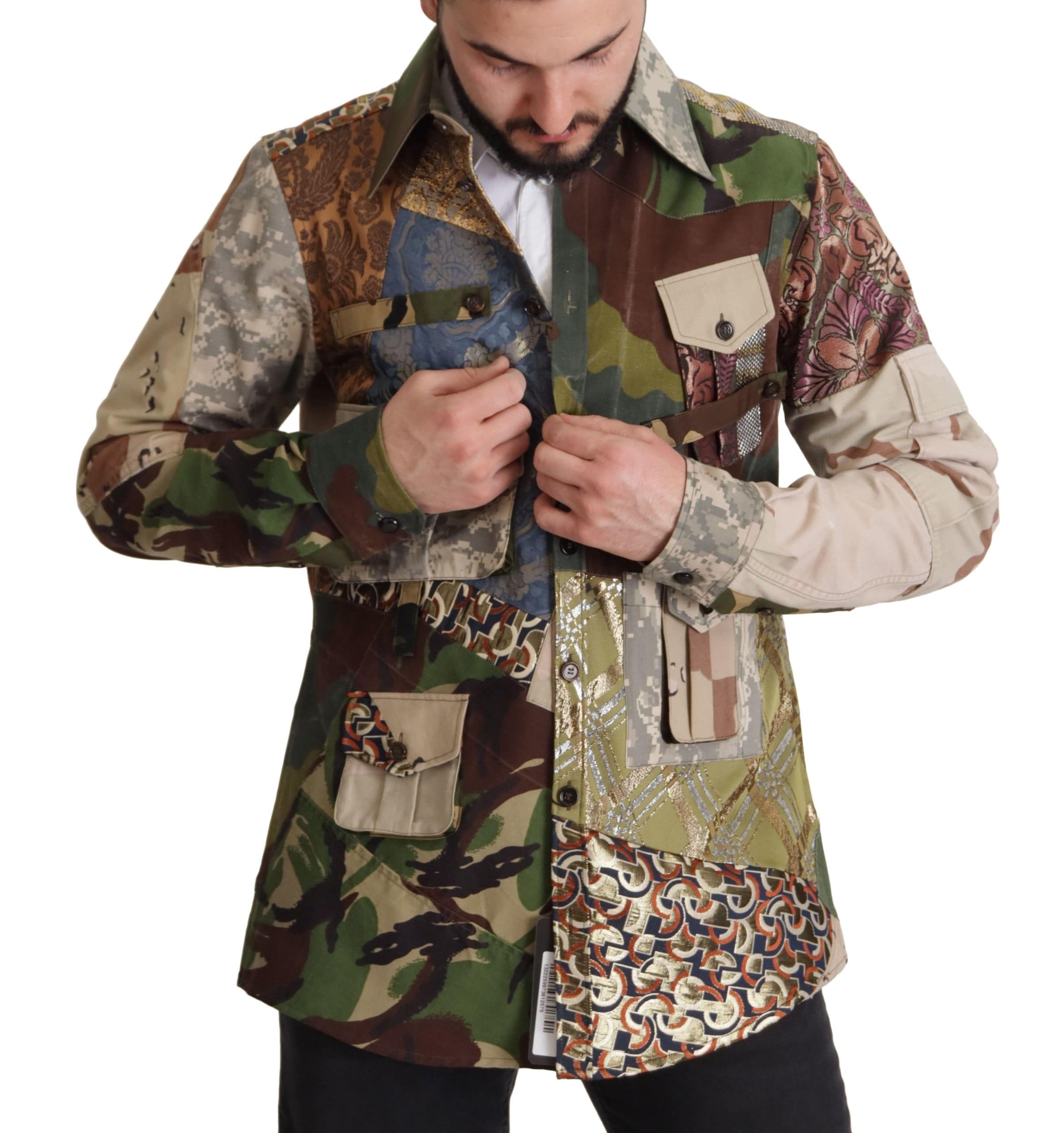 Chemise à boutons Dolce & Gabbana multicolore avec patchwork, détails colorés et style élégant visible sur l'image.
