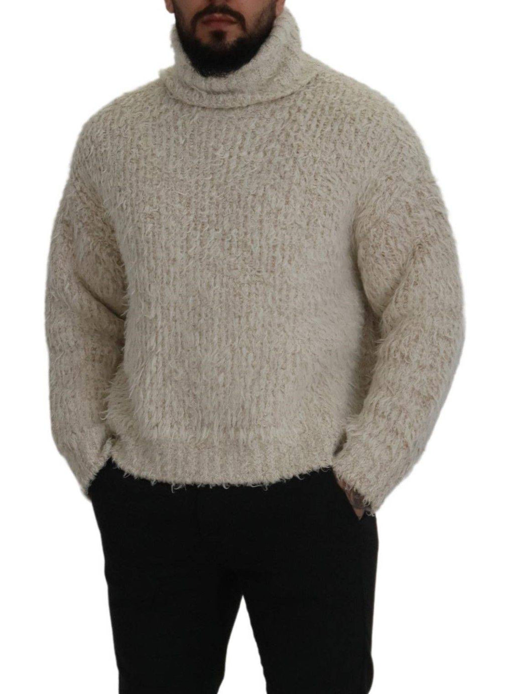 Pull en laine crème Dolce & Gabbana à col roulé, tricoté, avec texture douce et style élégant.