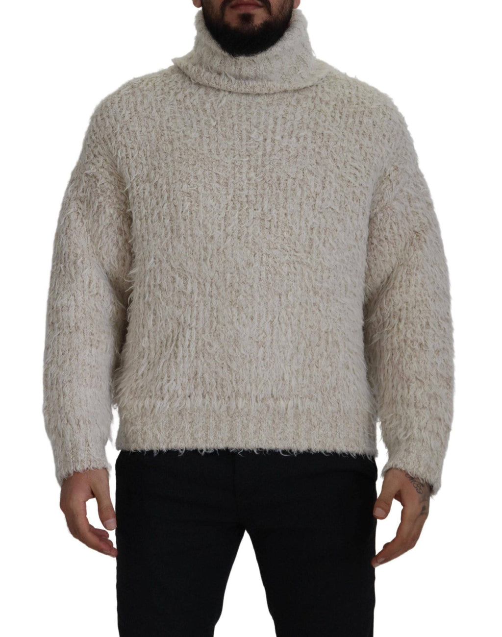 Pull noir en laine crème Dolce & Gabbana à col roulé, tricoté, avec texture douce et élégante.