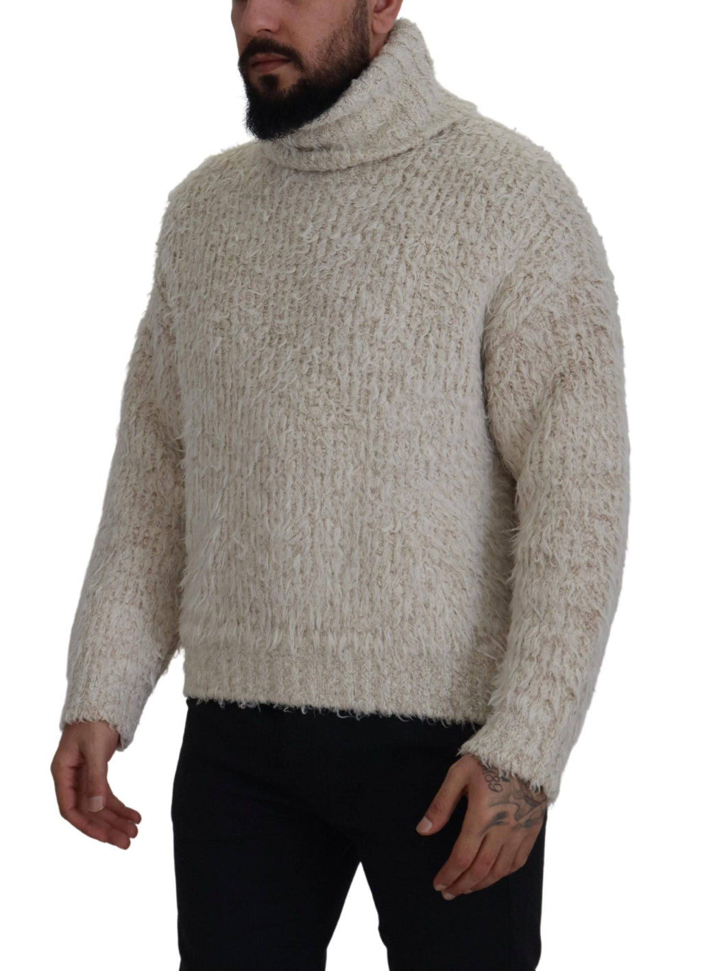 Pull en laine crème à col roulé Dolce & Gabbana, pull-over élégant en tricot chaud et confortable, vue de face.