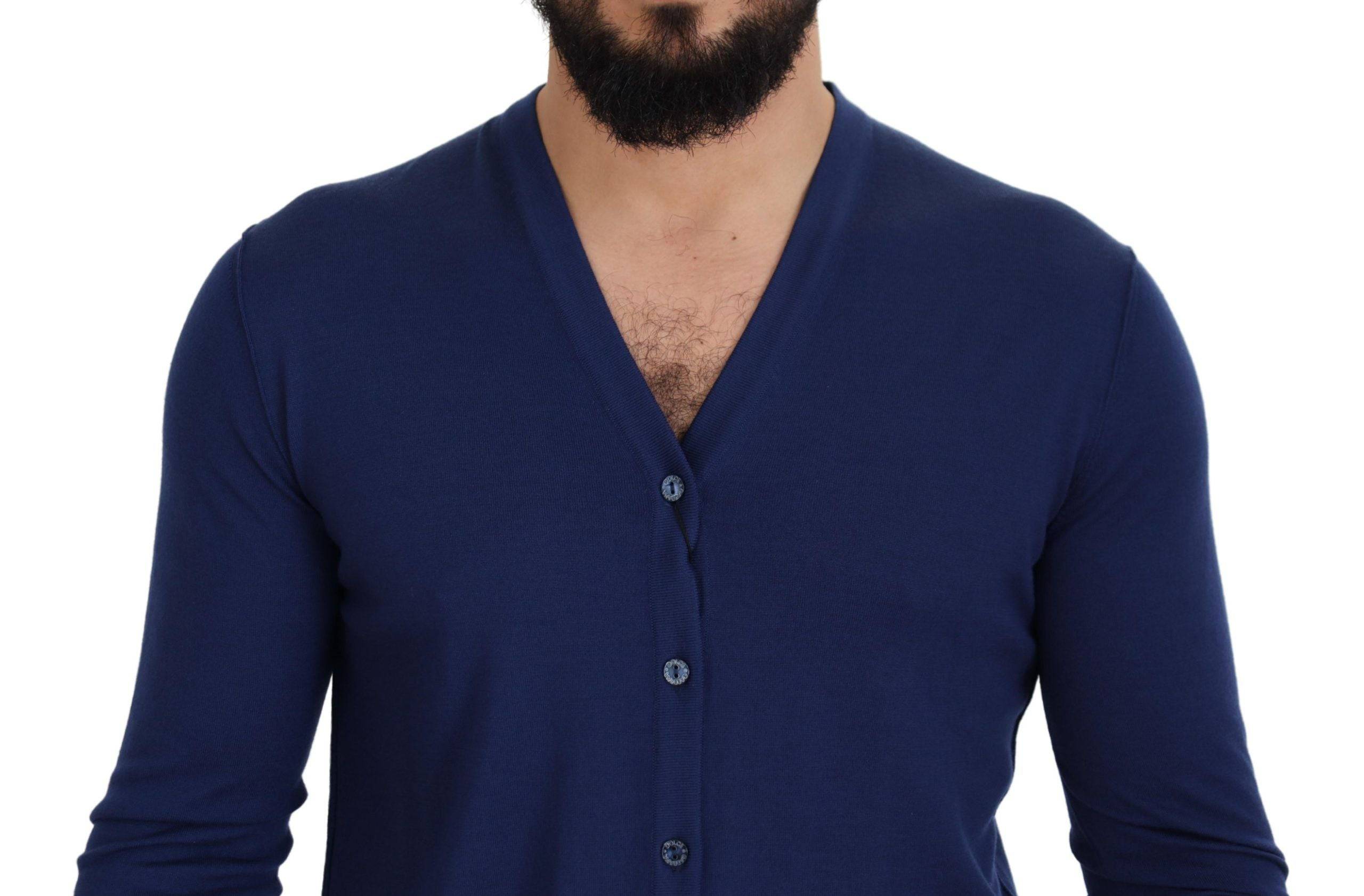 Pull en laine bleu Dolce & Gabbana à col en V et boutons, cardigan élégant pour homme ou femme.