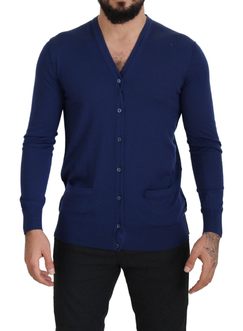 Pull en laine bleue Dolce & Gabbana à col en V avec boutons, cardigan élégant et confortable.