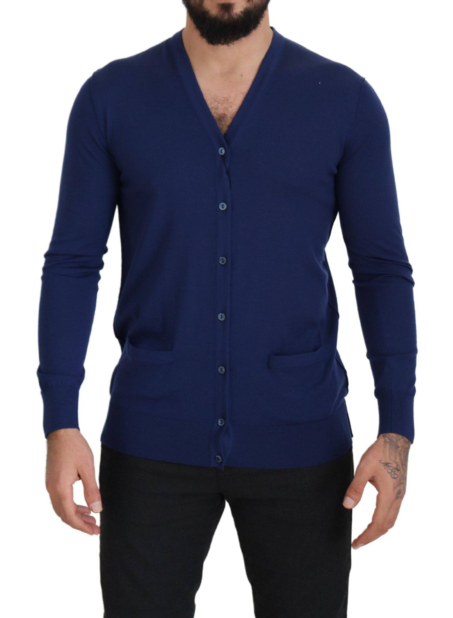 Pull en laine bleue Dolce & Gabbana à col en V avec boutons, cardigan élégant et confortable.