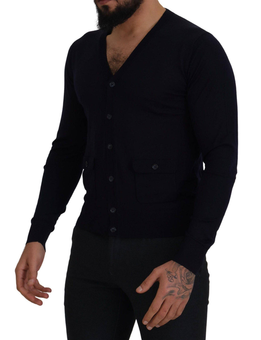 Pull Dolce & Gabbana en laine bleue avec col cheminée et boutons, cardigan homme élégant en laine bleue.