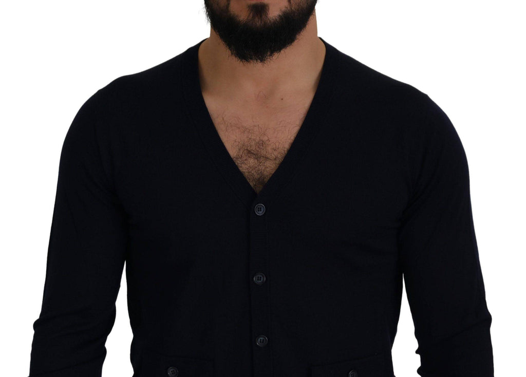 Cardigan en laine bleue Dolce & Gabbana STAFF Down, pull chaud et élégant avec détails sophistiqués.