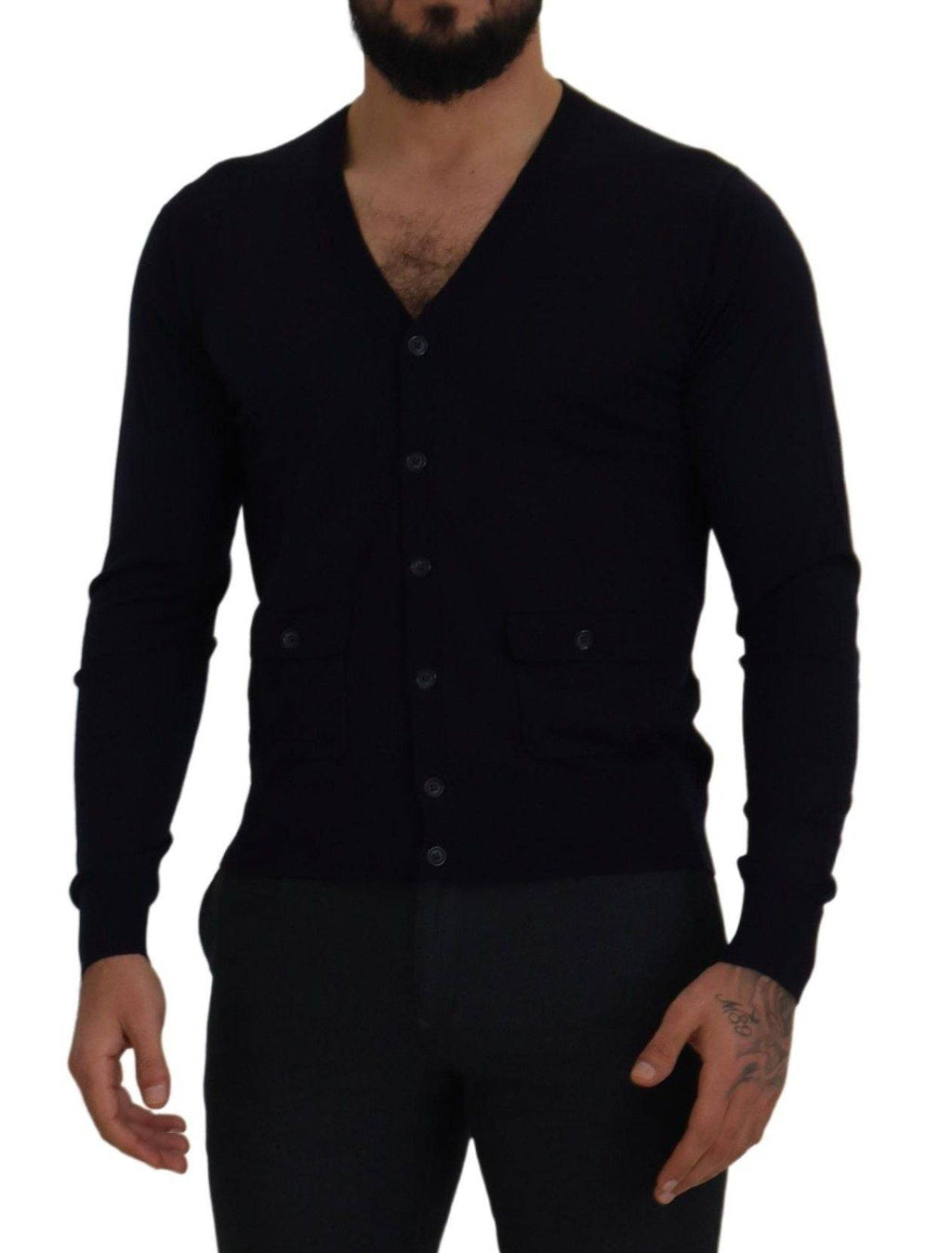 Pull en laine bleue Dolce & Gabbana STAFF Down Cardigan, cardigan élégant avec détails en laine et style sophistiqué.