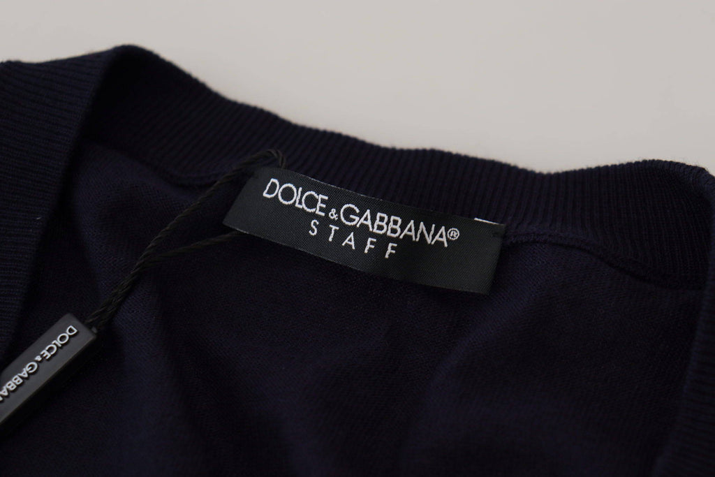 Pull en laine bleue Dolce & Gabbana STAFF Down Cardigan, doux et élégant, avec boutons et col classique.