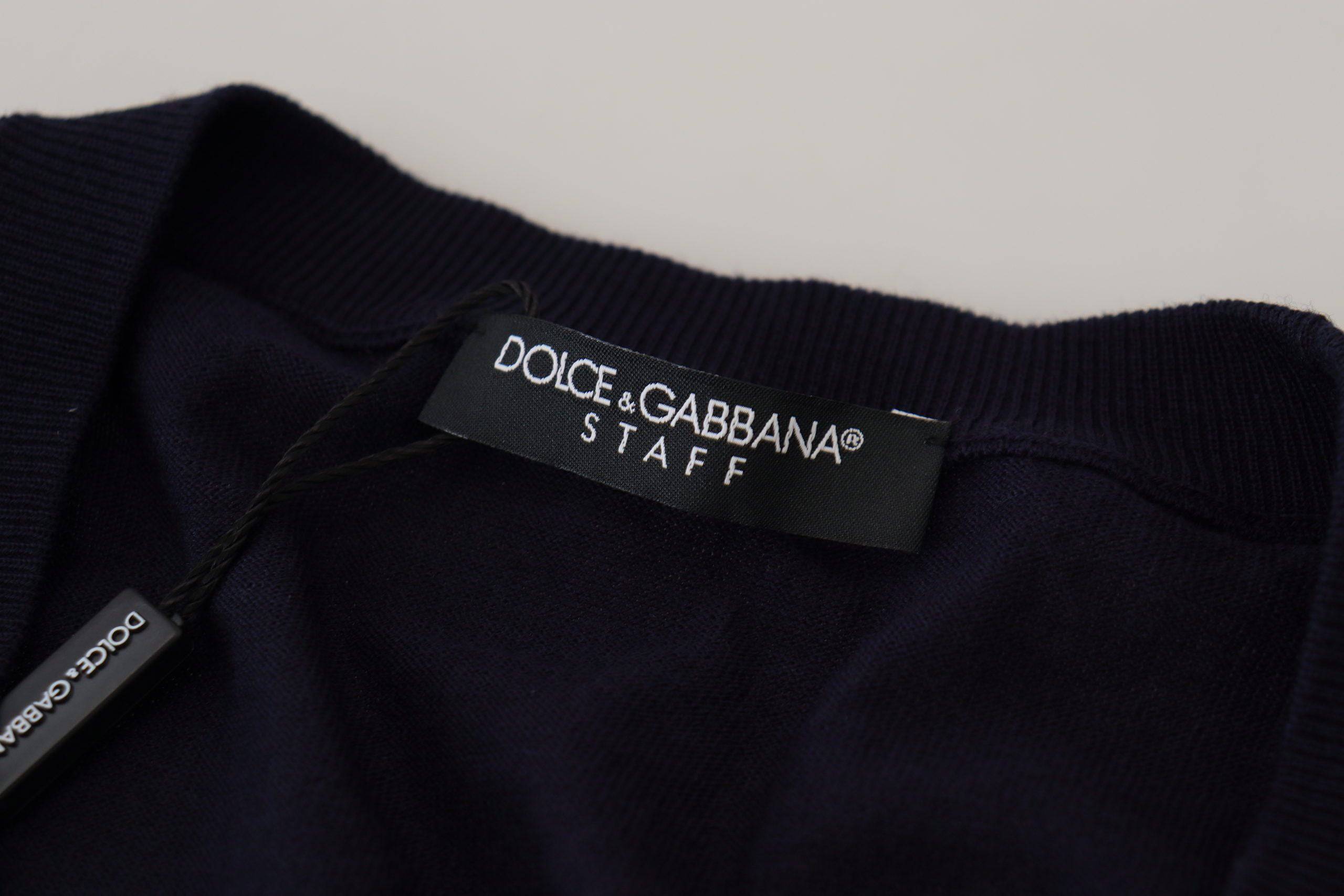 Pull en laine bleue Dolce & Gabbana STAFF Down Cardigan, doux et élégant, avec boutons et col classique.