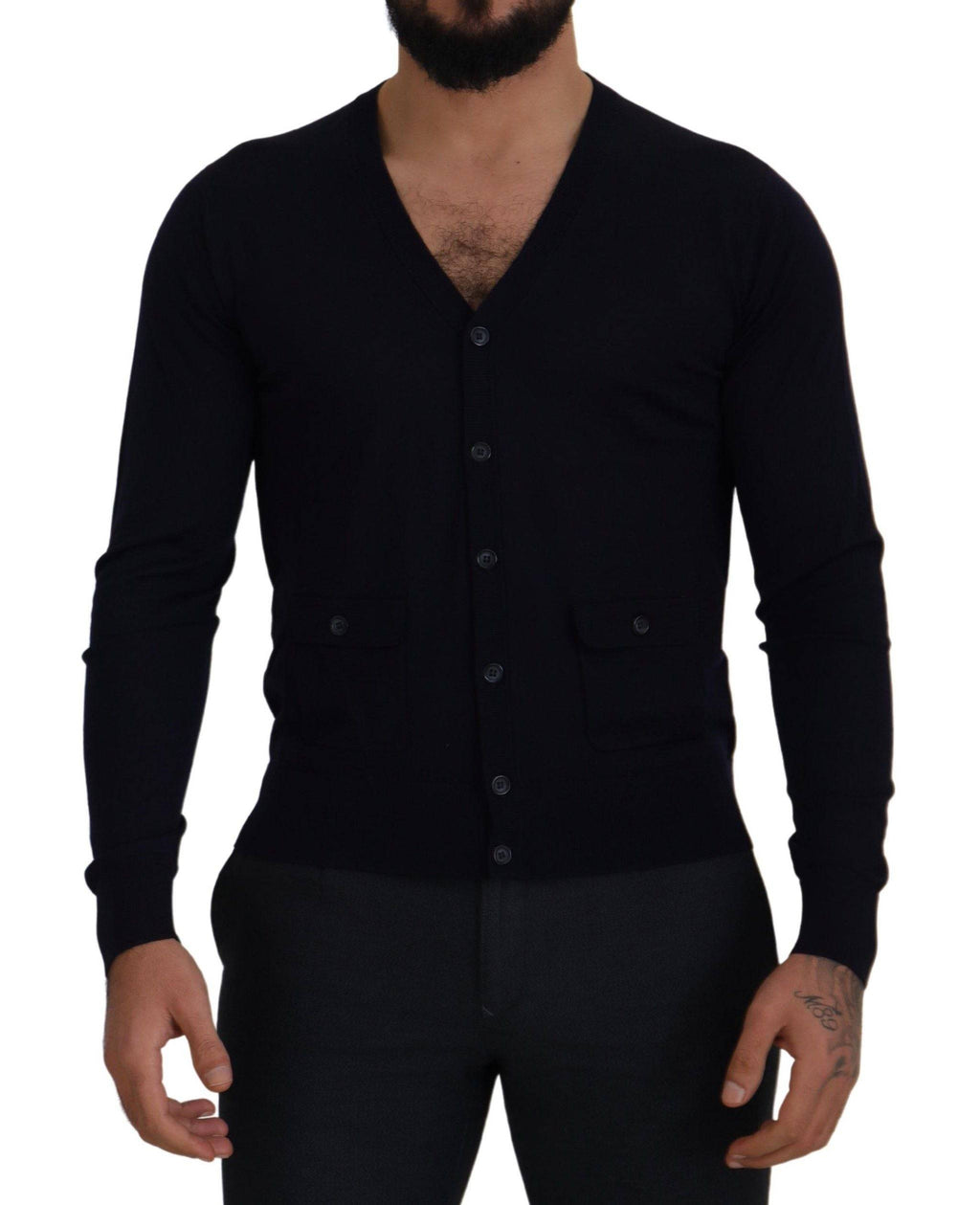 Cardigan en laine bleue Dolce & Gabbana STAFF Down, pull à manches longues avec col en V et détails élégants.