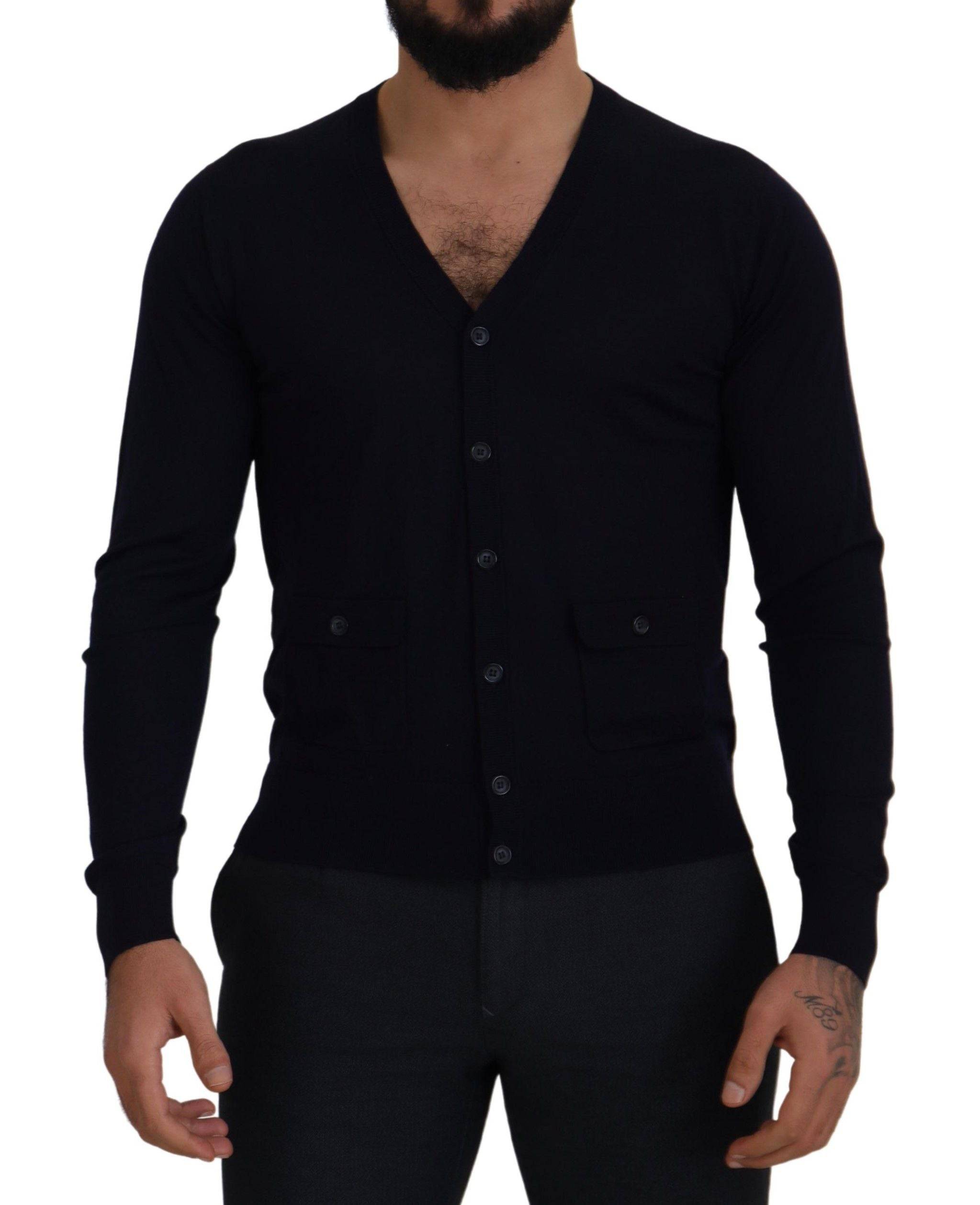 Cardigan en laine bleue Dolce & Gabbana STAFF Down, pull à manches longues avec col en V et détails élégants.