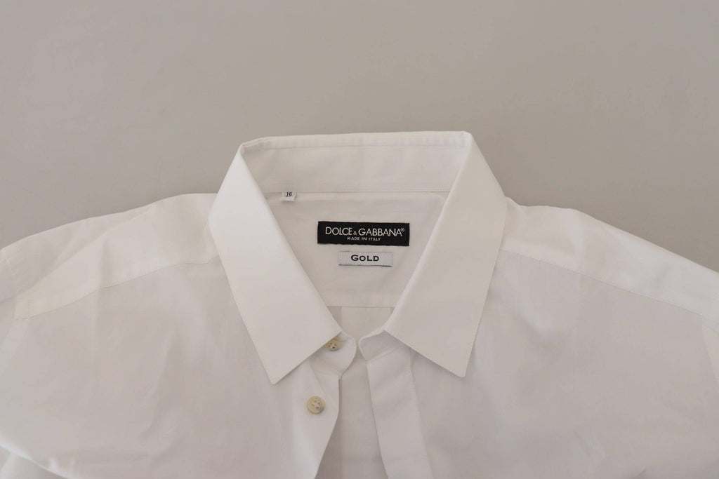 Chemise formelle blanche en coton Dolce & Gabbana avec motif de paon doré, élégance et style sophistiqué.