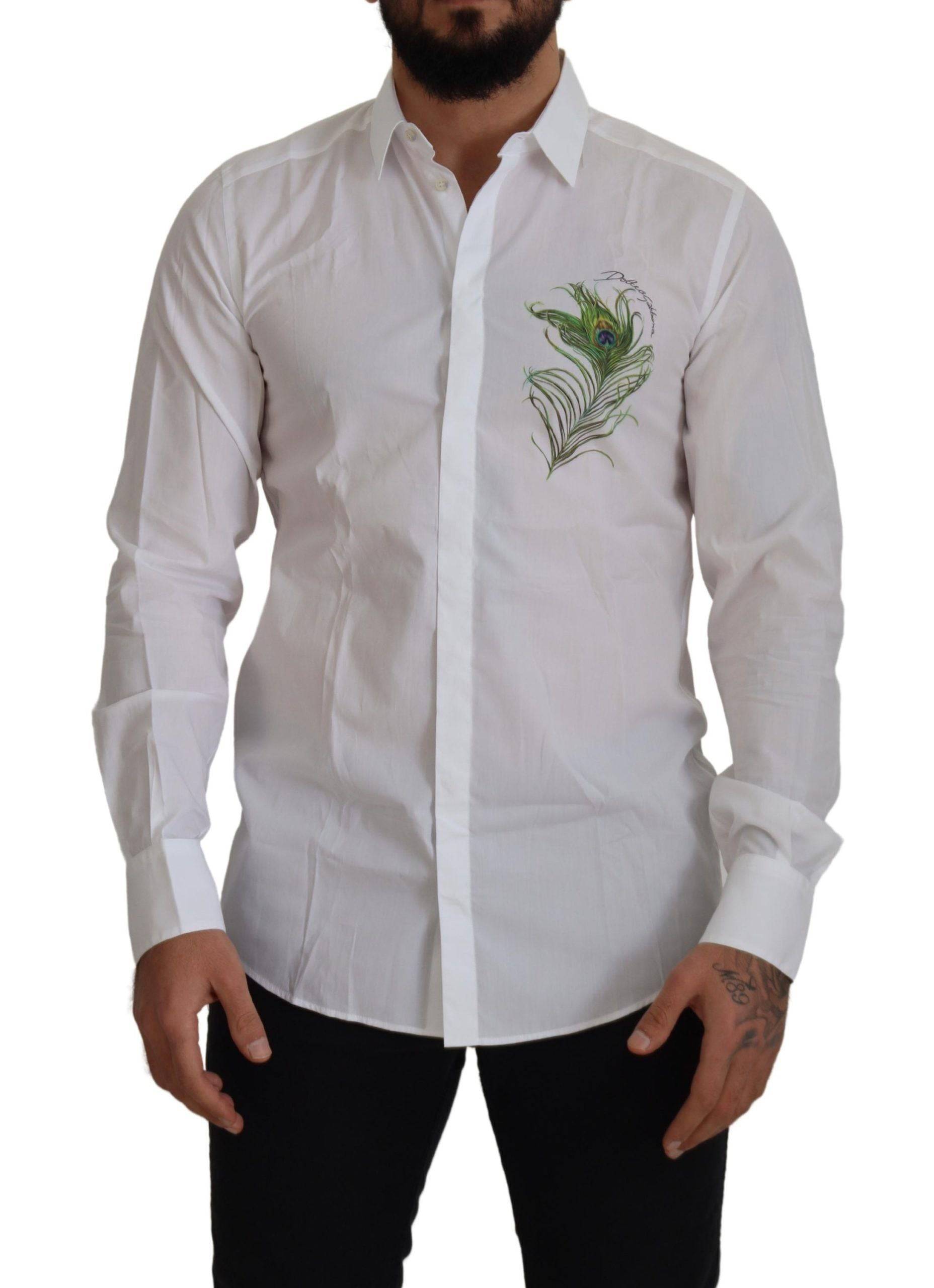 Chemise formelle blanche Dolce & Gabbana en coton avec motif de paon doré, élégante et sophistiquée.