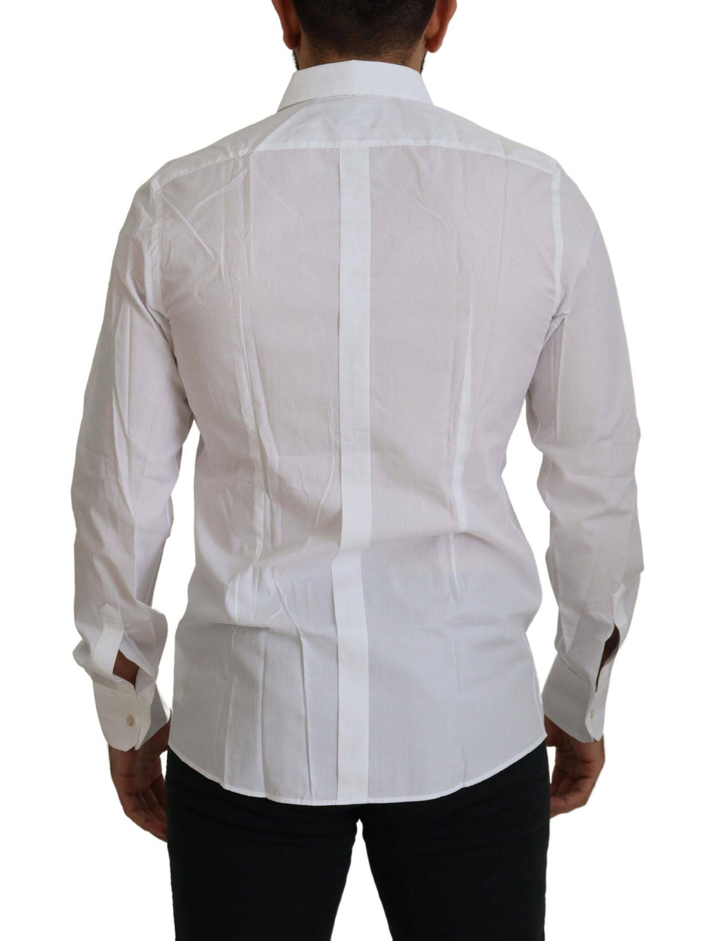 Chemise formelle blanche en coton Dolce & Gabbana avec motif de plumes de paon et accents dorés.