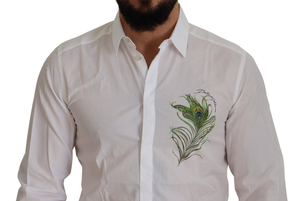 Chemise formelle blanche Dolce & Gabbana en coton avec motif de paon doré et détails élégants.