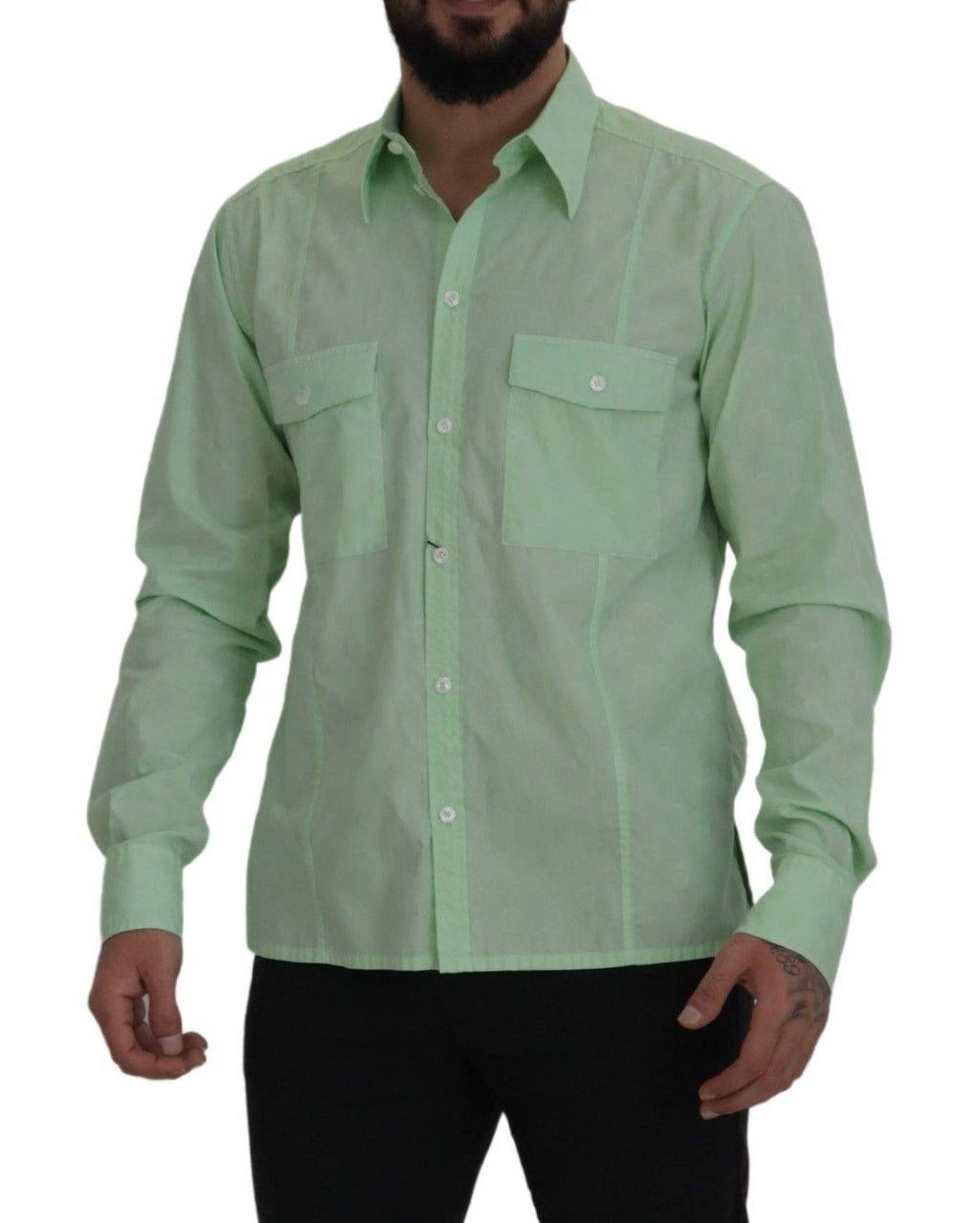 Chemise Dolce & Gabbana vert menthe à manches longues avec boutons, vue de face sur un mannequin.