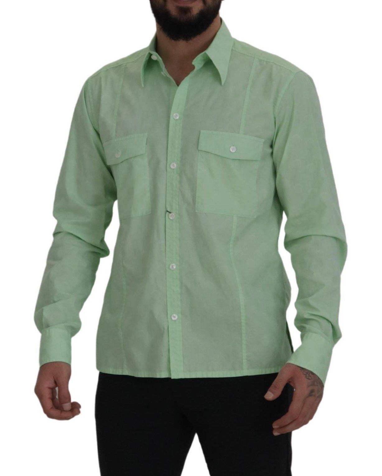 Chemise Dolce & Gabbana vert menthe à manches longues avec boutons, vue de face sur un mannequin.