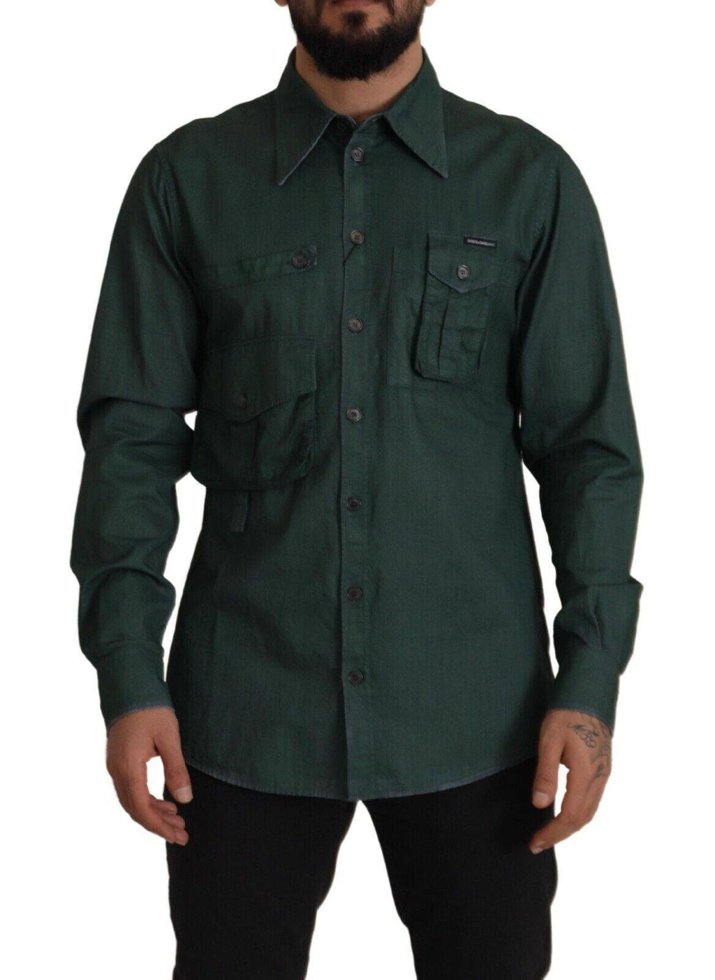 Chemise longue à manches longues vert foncé Dolce & Gabbana avec boutons, vue de face.