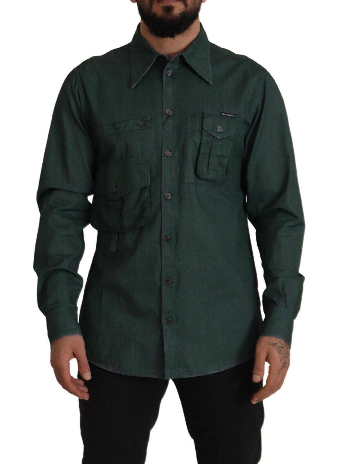 Chemise longue à manches longues vert foncé Dolce & Gabbana avec boutons, vue de face.