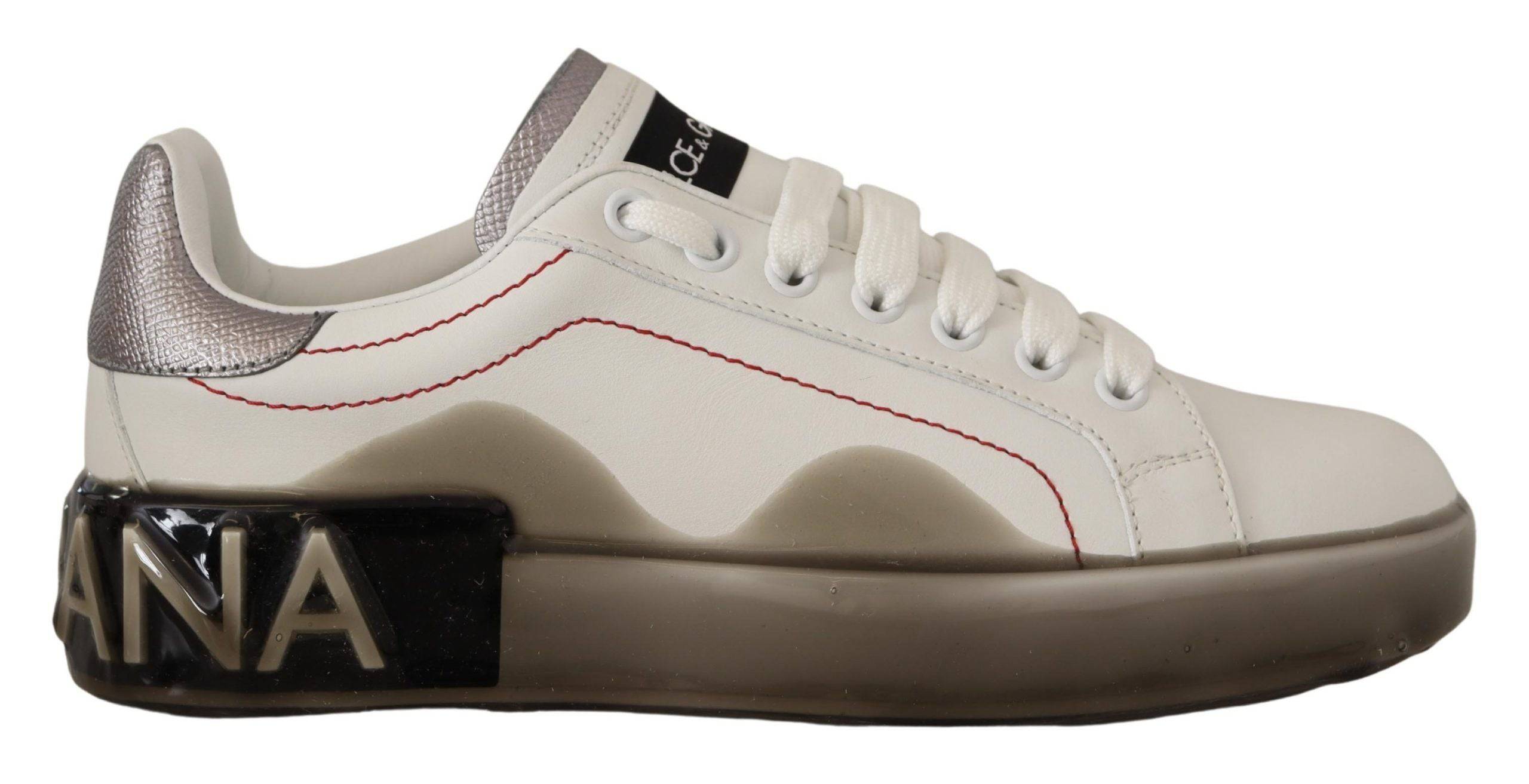 Chaussures en cuir blanc Dolce & Gabbana pour femmes, baskets Portofino avec logo, vues de l'avant.