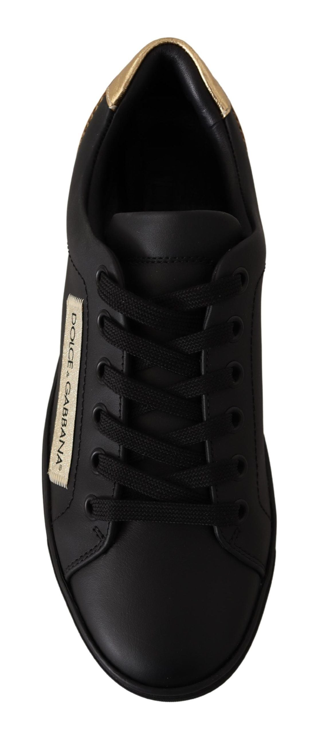 Sneakers bass en cuir noir et or pour femmes de Dolce & Gabbana, chaussures élégantes avec logo doré.