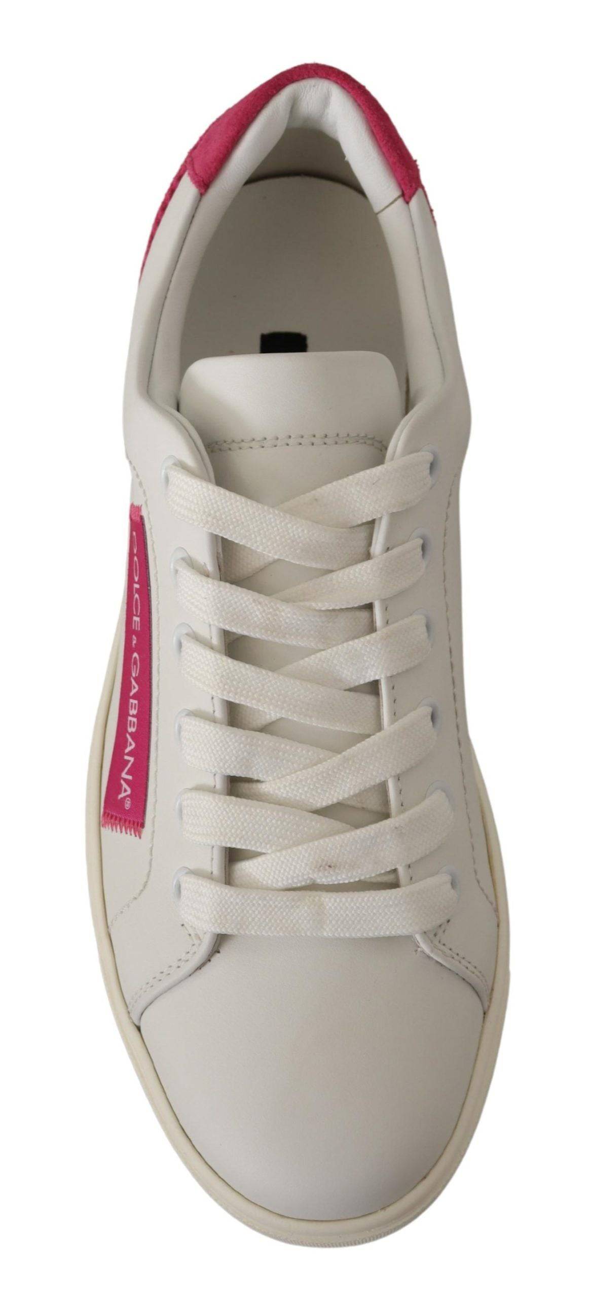 Chaussures femme Dolce & Gabbana, baskets basses en cuir blanc et rose, style élégant et tendance.