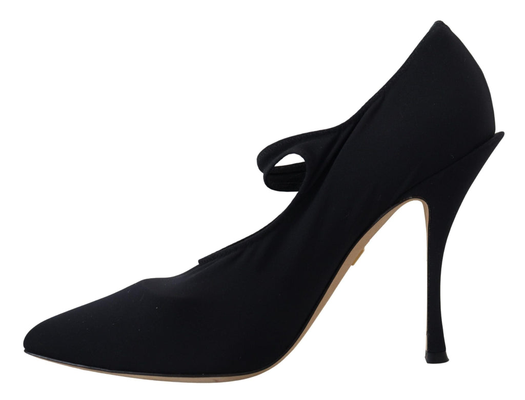 Chaussures Dolce & Gabbana noires avec talons en cristal stretch, style élégant et sophistiqué, vues en gros plan.