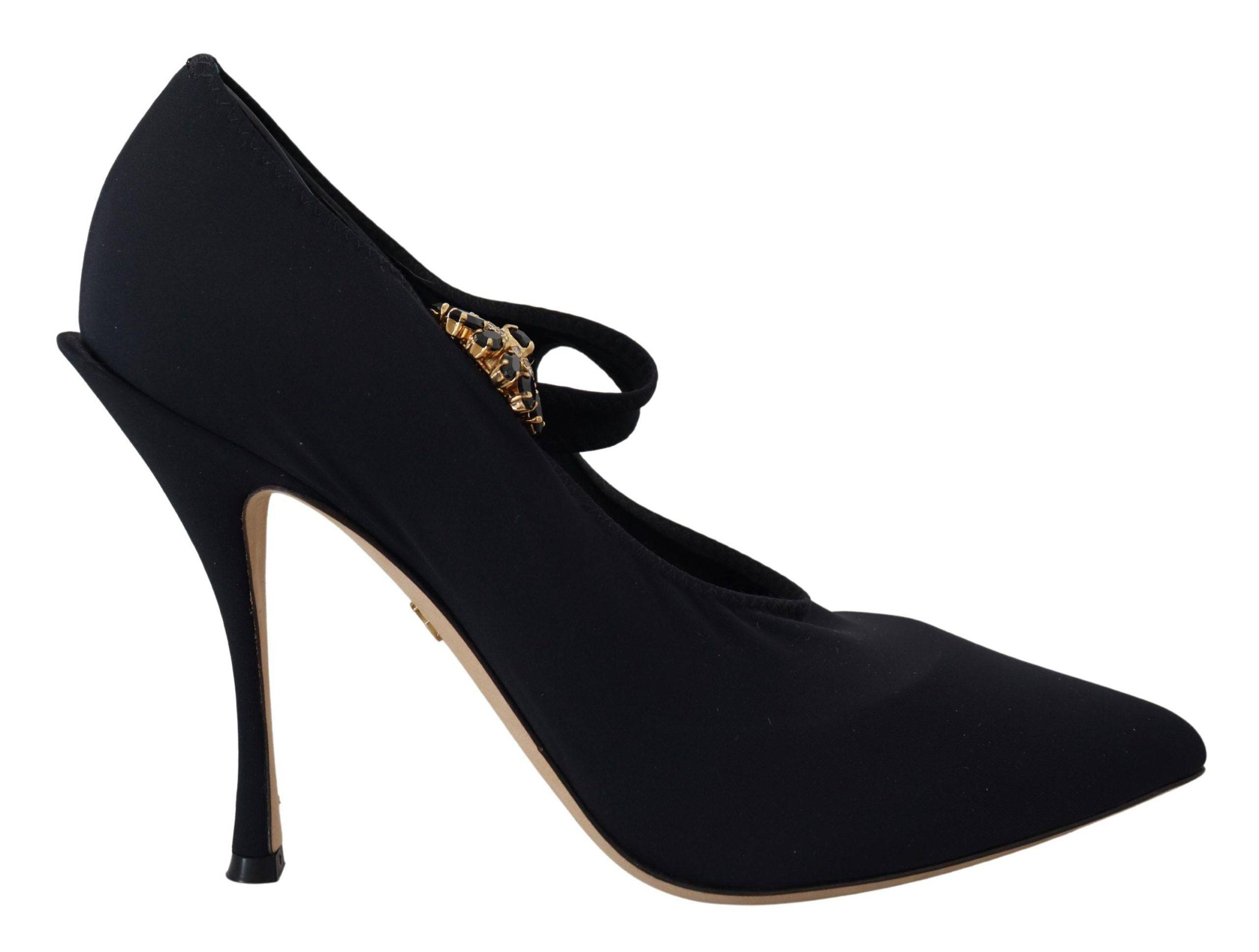 Chaussettes noires Dolce & Gabbana avec talons à cristaux extensibles, chaussures élégantes pour femme.