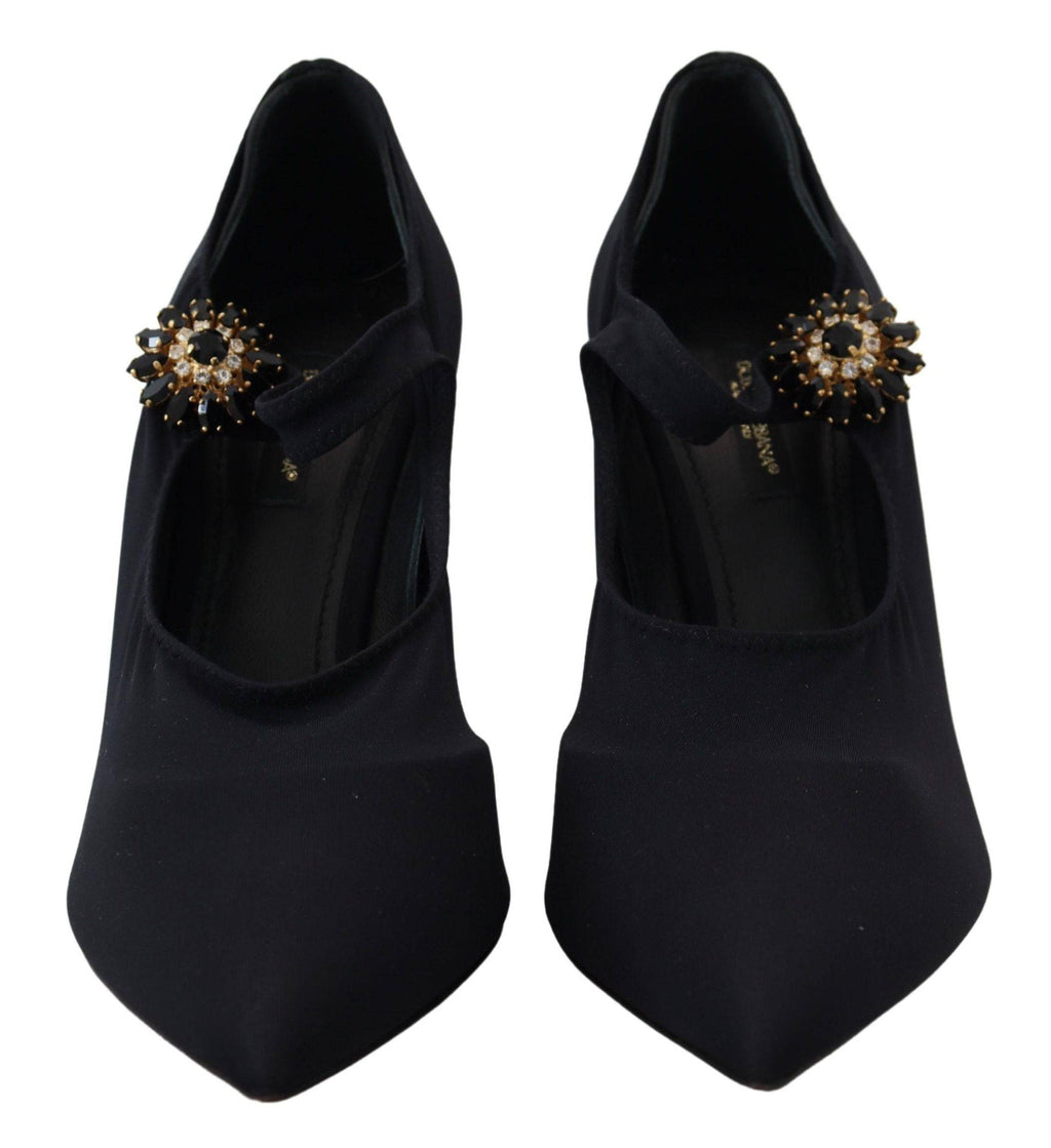 Chaussures Dolce & Gabbana noires avec talons en cristal, chaussettes extensibles et design élégant.