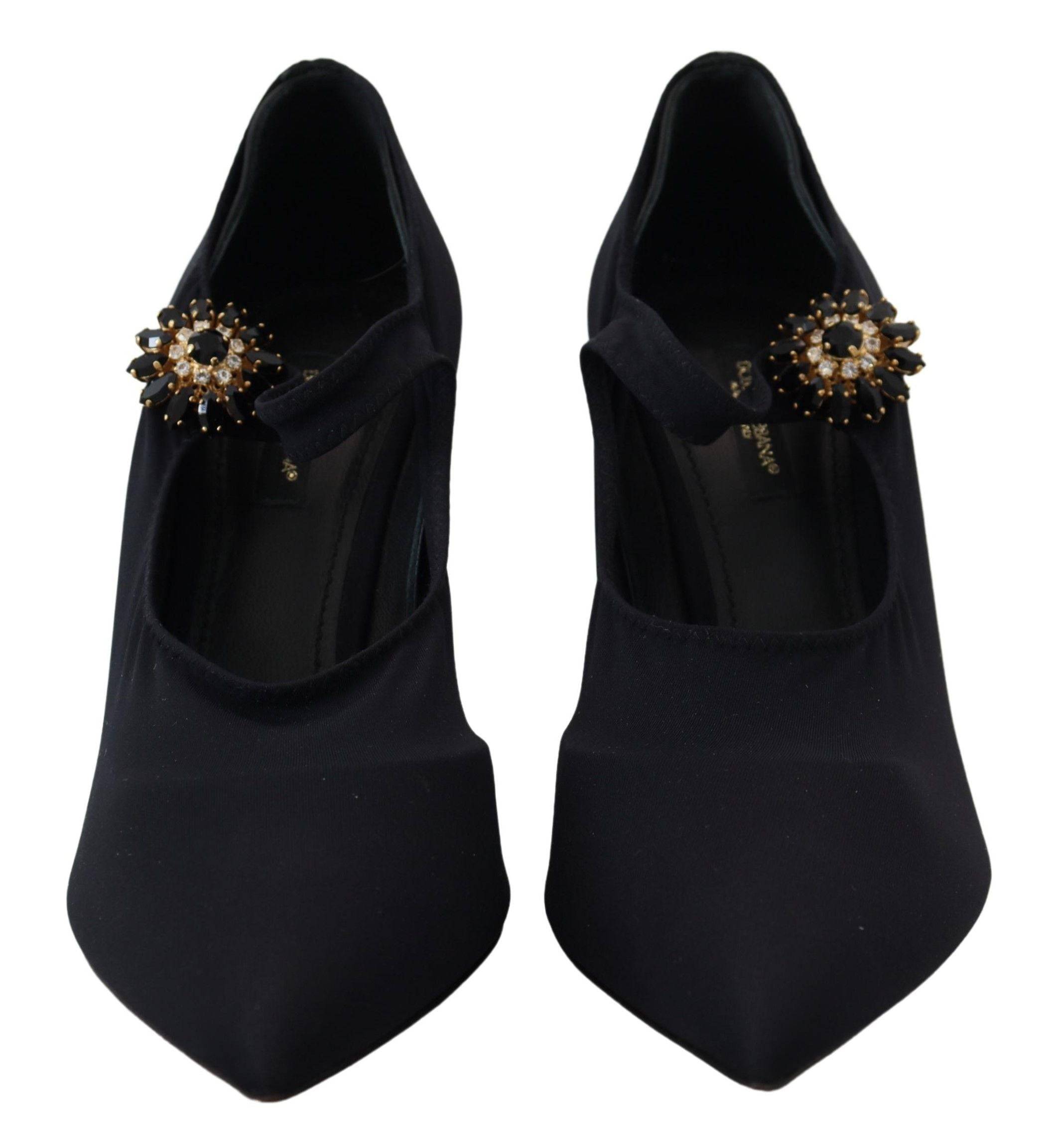 Chaussures Dolce & Gabbana noires avec talons en cristal, chaussettes extensibles et design élégant.