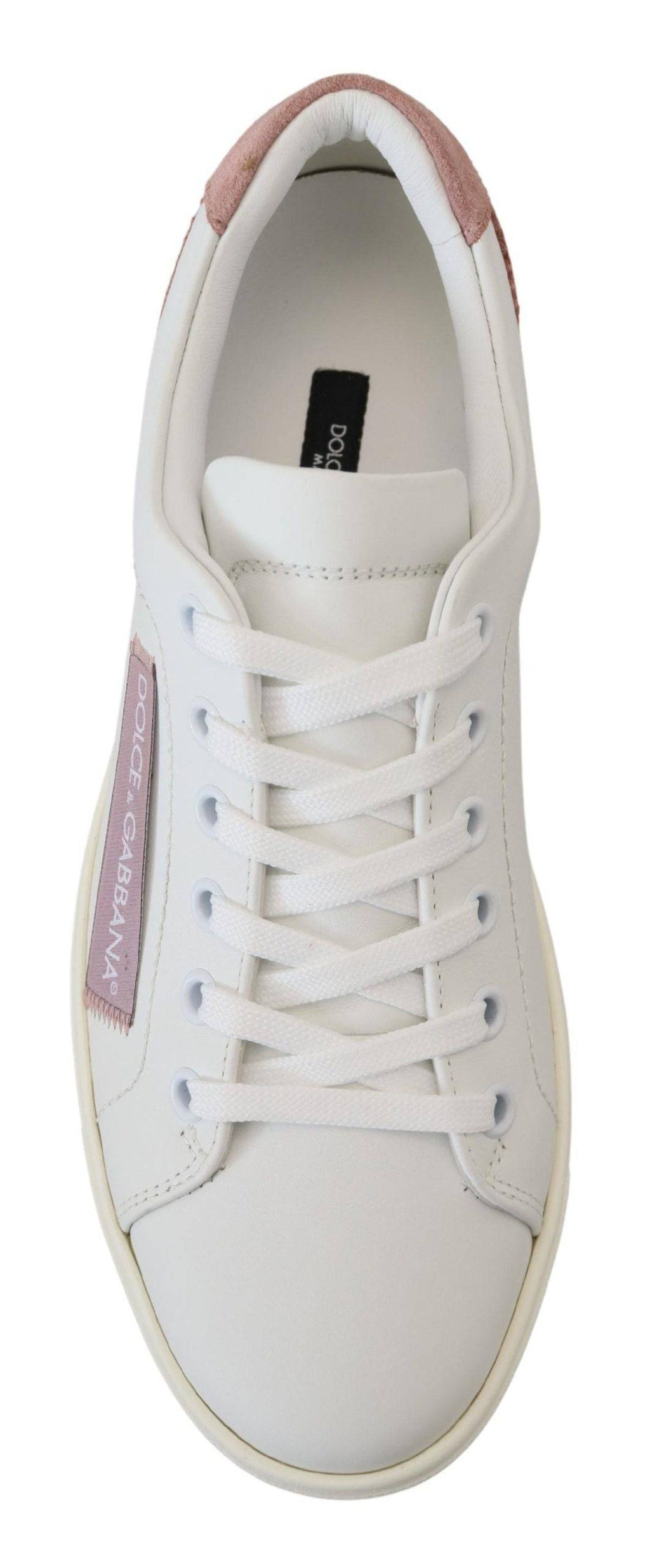 Chaussures sneakers basses en cuir blanc et rose de Dolce & Gabbana, élégantes et modernes, vues de face.